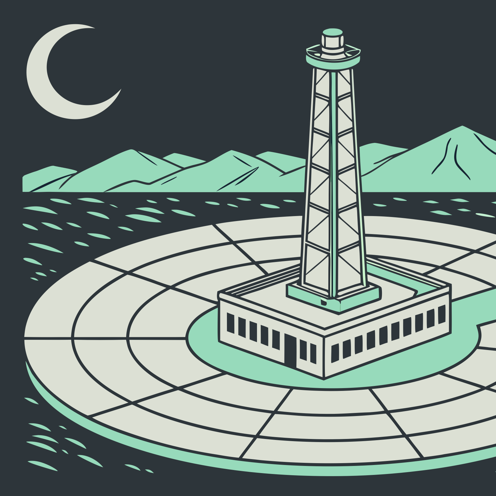 Concentrated solar power plant at night.